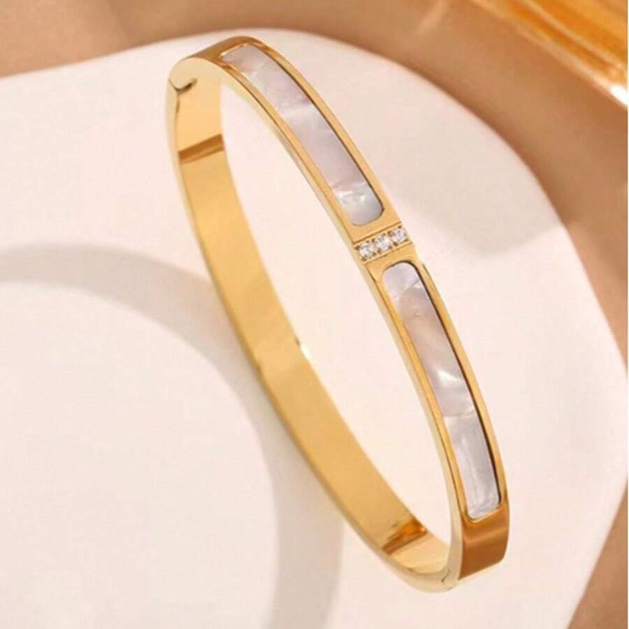 1pc Stainless Steel Non-Fading Fashion Minimalist Versatile Luxury Niche Design Ins Style Sweet Elegant Exquisite Creative Unique White Shell With Rhinestone Bracelet, Daily Wear Gift For Girlfriend, Fashionable Accessory - Yellow Gold - View 1