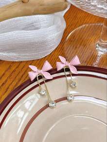 1 对粉色蝴蝶结流苏耳环，镶有水钻，适合女孩/女孩，夏季甜美风格耳环，情人节，母亲节礼物（无卡） - 粉色 - 查看 4