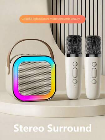 1 件迷你卡拉 OK 机，带 2 个无线麦克风，便携式无线 RGB 灯扬声器套装，家用卡拉 OK 机，便携式手持卡拉 OK 麦克风扬声器，适用于家庭聚会、宿舍、返校必备品、学校活动、课堂互动、学生礼物、音乐课、氛围增强玩具