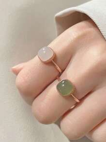 1pc Synthetic Hetian Jade Stone Square Ring For Women, Adjustable Open Design Suitable For Everyday Wear