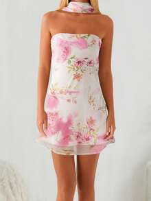 Women Mini Dress, Strapless Backless Flower/Solid Slim Fit Summer Tube Dress Clubwear With Scarf - 白色 - 查看 3