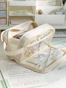 1pc Simple Color Pencil Case Pen Bag, Dual-Side Open Multi Inner Mesh Bag Transparent Pocket, For Stationery Pens Memo Student Back To School,Pencil Pouch,School Bag - Multicolor - View 6
