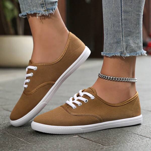 Zapatos planos casuales de mujer, zapatos de punta redonda transpirables y antideslizantes, zapatos planos clásicos, zapatos casuales de cordones de unicolor de top bajo, zapatos cómodos de caminata para mujer