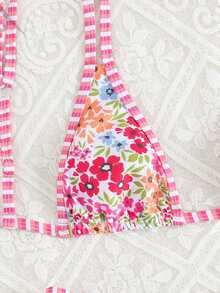 2pcs Set Women's Ditsy Floral Halter Backless Bohemian Style Bikini Swimsuit, Spring/Summer - Multicolor - View 4