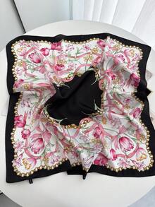 1pc Women Geometric Print Square Scarf Bandana Silk Head Wrap, Suitable For Daily Use For Dress - Multicolor - View 2