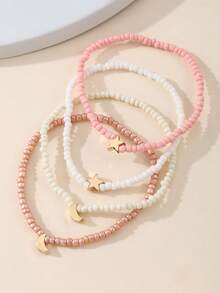 4pcs/Set Girls' Star & Moon Beaded Ankle Bracelets Set