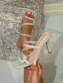 Women's Square Toe Mule Shoes, Green Leather Sandals, Elegant Mint Green Mules, Mint Green High Heels, Square Toe Mule Slides, Light Green High Heels, Green Sandals, Orange Women's Shoes, Orange Sandals, White Mule Shoes, White Sandals, Black Mule Shoes, Square Toe Mules Suitable For Wide Feet, Plus Size High Heels, Sandals, Holiday Party High Heels, Vacation Sandals, Formal Event High Heels - Mint Green - View 2