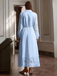 Simplee Women's Spring/Summer New Elegant Solid Color Hollow Lace Patchwork Button Decor Dress, Wedding Guest Dress, Vintage Style - Blue - View 8
