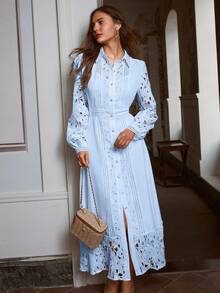 Simplee Women's Spring/Summer New Elegant Solid Color Hollow Lace Patchwork Button Decor Dress, Wedding Guest Dress, Vintage Style - Blue - View 5