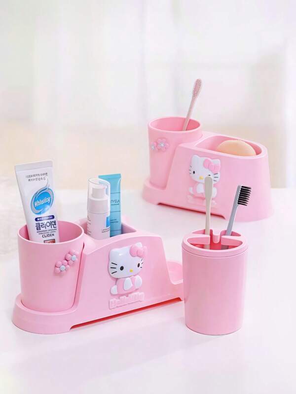Sanrio Sanrio 3 peças de porta-escovas e pasta de dentes Hello Kitty para banheiro (copo para enxaguante bucal e base para caixa de escova de dentes), copo rosa para decoração de mesa de banheiro, material durável, pente para tubo de pasta de dente, suporte para utensílios de banheiro, caixa criativa para armazenamento de produtos para higiene pessoal, caixa para armazenamento de acessórios de banheiro, suporte para banheiro, acessórios de banheiro, decoração de Natal, itens essenciais para viagem