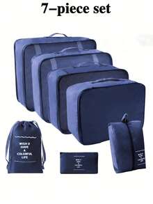 7 pièces Set d'organisateurs de voyage portables, fabriqués en tissu léger et résistant aux plis, incluant des cubes d'emballage pour vêtements, des sacs à chaussures transparents, une pochette pour cosmétiques, un sac de toilette, un sac à linge en maille, un design à compartiments efficace pour les valises et les rangements d'armoire à la maison - Multicolore - Voir 15
