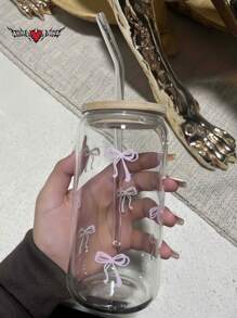 1 pezzo Tazza in vetro con stampa a farfalla, con coperchio e cannuccia, a forma di barattolo, bottiglia d'acqua, tazza per caffè freddo, adatta per tè, succo, latte, come regalo di compleanno, accessorio per bere