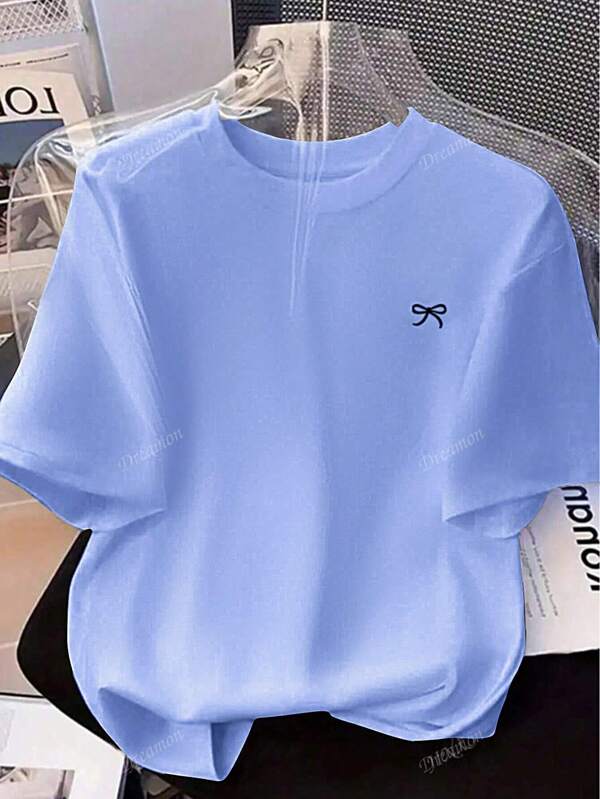Bow Knot Print Wide Shoulder Short Sleeve Loose T-Shirt