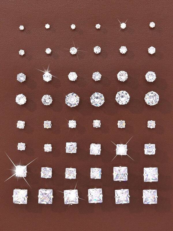 48pcs/24pcs Minimalist Geometric Big Cubic Zirconia Stud Earrings, Round & Square Shape Silver Color Unisex Personalized Hiphop Versatile Earrings For Daily, Vacation, Party, Dates, Gifts, Artificial Cubic Zirconia