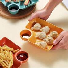4pcs/Set Chip And Dip Serving Set, Plastic Colorful Dumpling Plate Serving Dishes, Reusable Serving Platter Dip Tray With Sauce Compartment For Sushi Taco Salsa Snack Appetizer Party