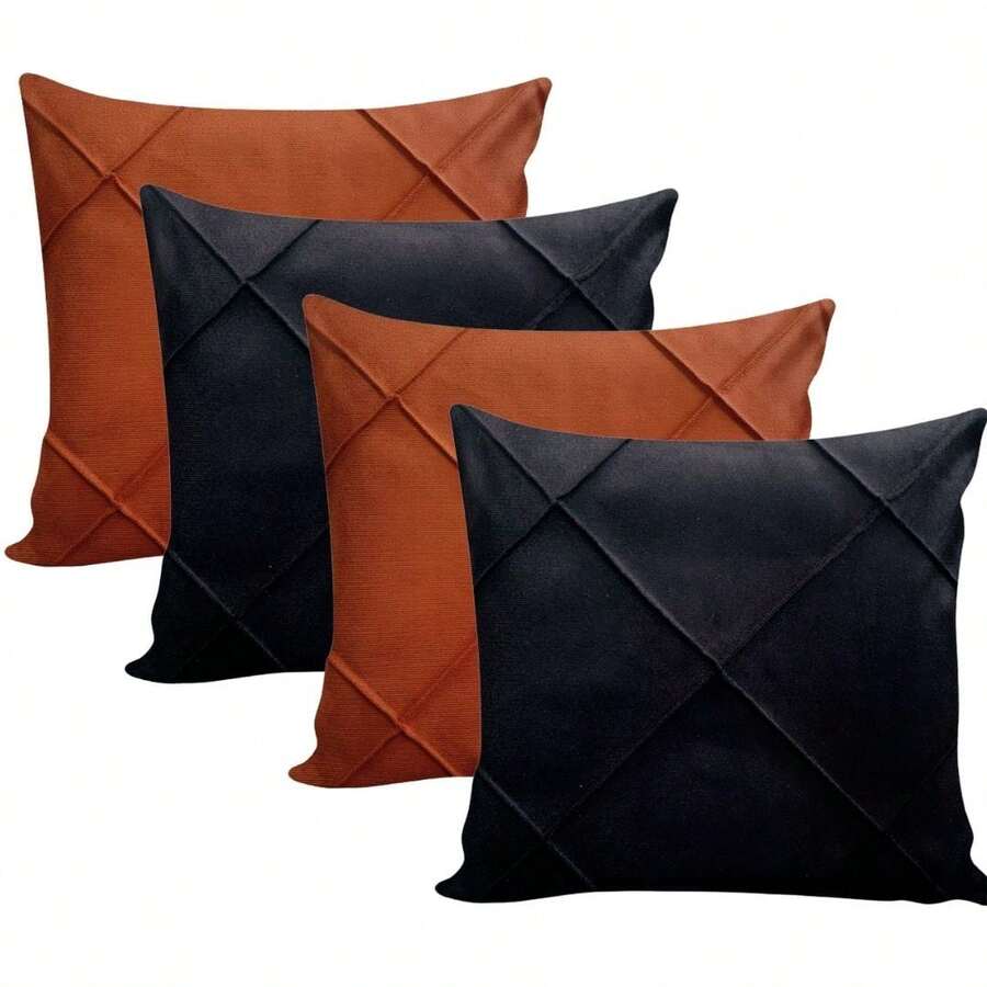 Kit Of 4 Draped Suede Cushion Covers 45x45 With Invisible Zipper - 2 Black + 2 Terracotta - View 1