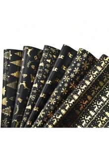 6 Stücke Weihnachtsgeschenkpapier mit Folie, Vintage Schwarz Gold Hirsch, Schneeflocke, Weihnachtsbaum Geschenkverpackung