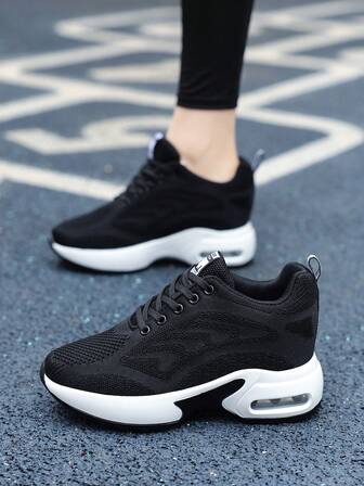 女士新款黑色厚底防滑运动鞋，户外休闲透气气垫底运动鞋