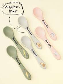 1pc Personalized Customization Name Silicone Baby Spoon Feeding Trianing Baby Things Print On Demand Baby Shower Gifts Cartoon Pattern Custom Baby Tableware - Multicolor - View 2