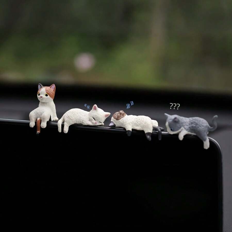 A Set Of 4 Cute Cat Dashboard Ornaments - Cartoon Mini Decorations Suitable For Car Interiors And Display Screens, Bringing Joy To Every Drive. - one-size - View 1