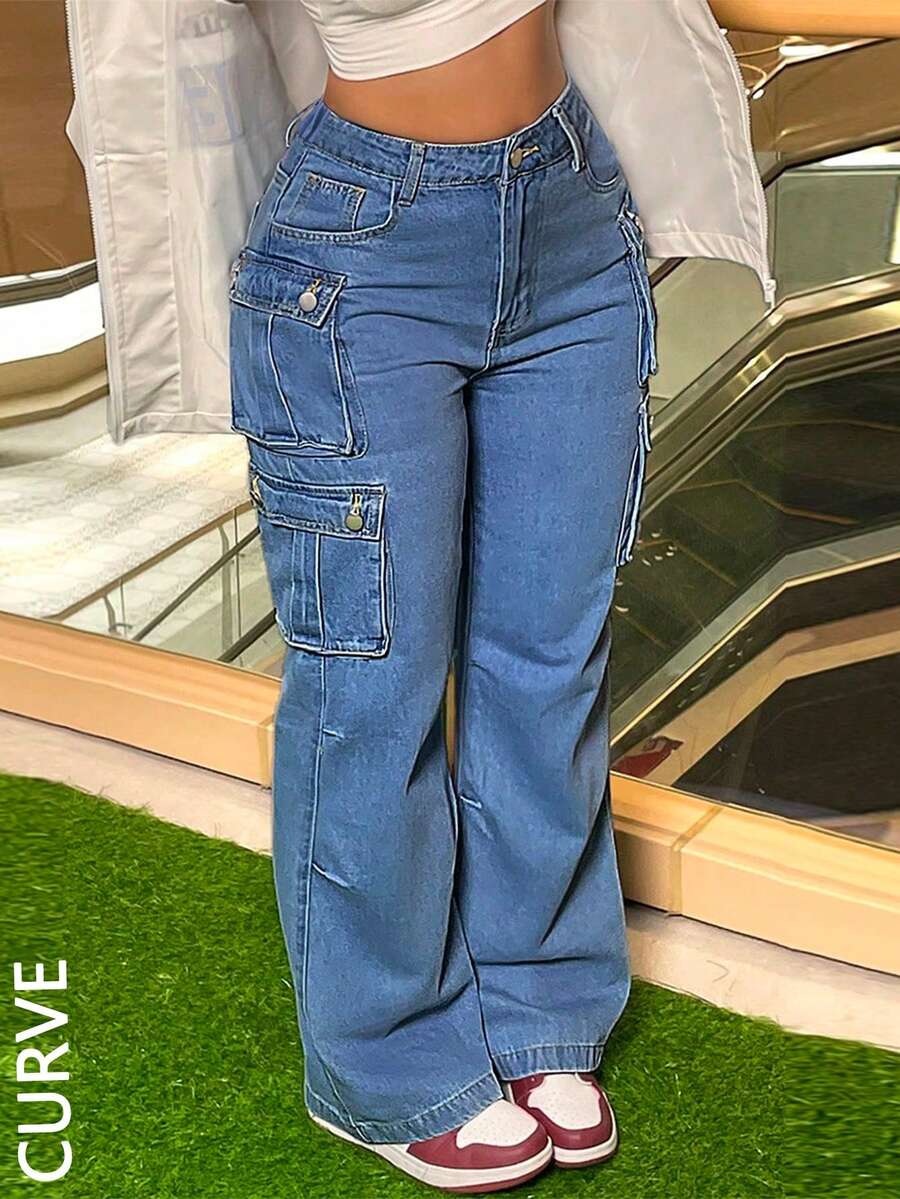 Plus Size Women's Cargo Pocket Straight Leg Jeans Pants - Medium Wash - View 1