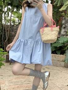 春夏休闲宽松迷你蓝色背心连衣裙，优雅别致韩版无袖圆领复古派对短裙，可爱毕业季服装，外出吊带裙，A字简约纯色服装，时尚新款假日女式中长连衣裙，圆领吊带裙，波西米亚风连衣裙 - 淺藍色 - 查看 5