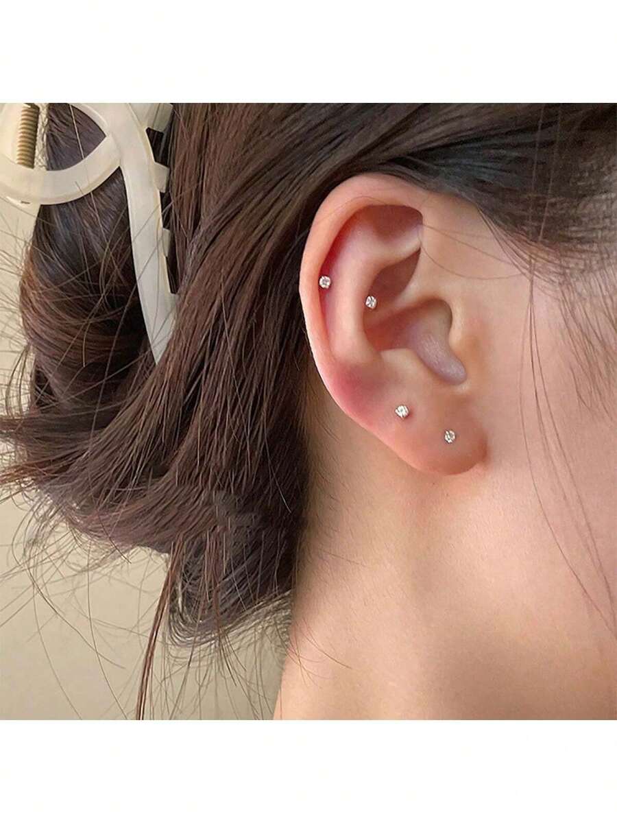 4pcs Mini Minimalist Stainless Steel 4-Prong Zirconia Stud Earrings, Butterfly Clasp Ear Plugs, 2mm Sparkling Synthetic Zirconia Cartilage Earrings, Hypoallergenic Small Earrings For Pierced Ears, Unisex Suitable For Daily Wear, Various Piercings. Jewelry Gift