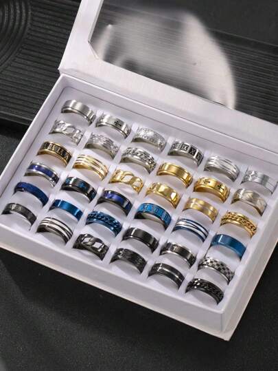 Conjunto de 9/36 peças de anéis de ansiedade em relevo romano masculinos de aço inoxidável da moda, adequados para homens e mulheres para uso diário, presente de Dia dos Pais, anel de praia para as festas de fim de ano