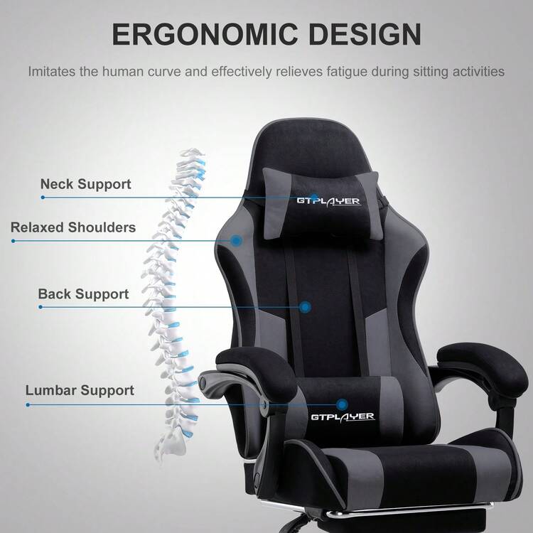 Fabric Gaming Chair, Massage Ergonomic Computer Chair With Footrest, Lumbar Support, Headrest, Height Adjustable Home Office Reclining PC Racing Chairs, Grey - Xám - Xem 1