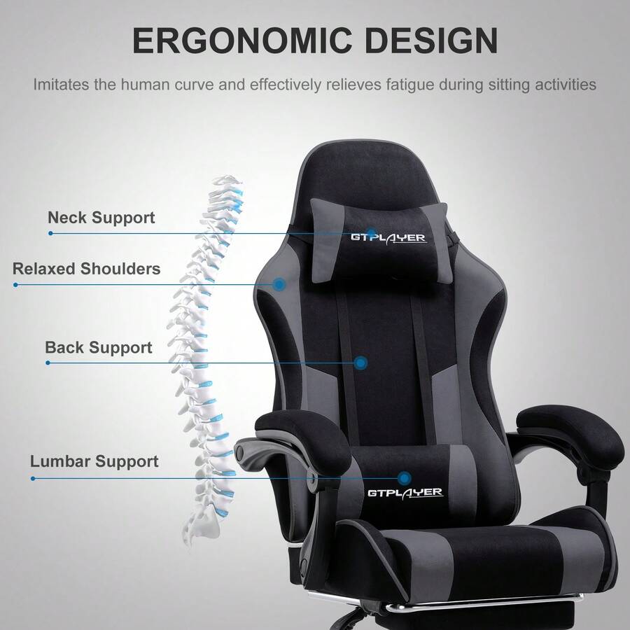 Fabric Gaming Chair, Massage Ergonomic Computer Chair With Footrest, Lumbar Support, Headrest, Height Adjustable Home Office Reclining PC Racing Chairs, Grey - Gris - Ver 1