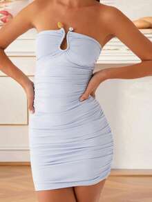 Women's Ruched Tube Top Dress Strapless Sleeveless Slim Fit Party Dress Summer Clubbing Dress - Blue - View 8