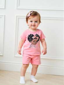 夏季嬰兒女孩可愛印花短袖上衣和短褲套裝