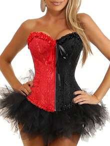 Women Sexy Overbust Boned Corset Burlesque Basque Tops+Tutu Set Lace Up Waist Firm Gothic Lingerie Skirt Party Halloween Costume - Red and Black Zipper - View 3