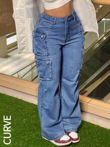 Jeans rectos de talla grande para mujer con bolsillos cargo