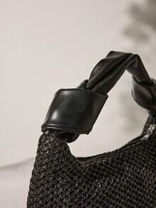 中号拉链单肩包，黑色，编织细节，顶部提手，圣诞节/冬季圣诞礼物 - 黑色 - 查看 3