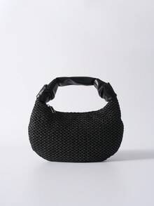 中号拉链单肩包，黑色，编织细节，顶部提手，圣诞节/冬季圣诞礼物 - 黑色 - 查看 4