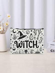 Bolsa de maquiagem mística de bruxa - Bolsa de cosméticos leve com zíper e estampa dupla-face com tema de bruxa, vibrações de bruxa, design de lua crescente e estrelas, bolsa de viagem ideal para artigos de higiene e porta-moedas, presente perfeito para ela em aniversários, Natal, Dia dos Namorados, estampa celestial | Estampa dupla-face, volta às aulas
