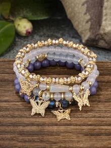 Bộ 4 vòng tay co giãn mặt dây chuyền hình bướm đính đá pha lê phong cách Bohemian, vòng tay đính hạt vàng có thể xếp chồng lên nhau dành cho nữ/bé gái, trang sức quyến rũ nhiều màu sắc, phong cách Boho mùa hè bãi biển. - Nhiều màu - Xem 20