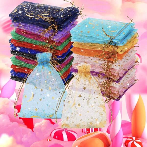 100/10pcs Tulle Gift Bags, Drawstring Jewelry Pouches, Assorted Moon & Star Print Organza Bags, 4.7 X 3.5 Inch Small Favor Bags With Lace Ties, Variety Of Colors, Great For Jewelry, Birthdays, Weddings, Holidays, Parties
