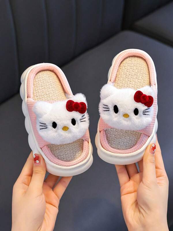 Sanrio Sandalias de lino para niñas de primavera/verano 2025, con diseño lindo de gato KT, transpirables y cómodas, antideslizantes de punta abierta, suela gruesa, pantuflas para niños pequeños, colores a juego entre padres e hijos