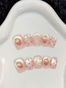 10pcs Summer Pink Hand Painted Cat Eye French Strawberry Polka Dot Handmade Acrylic Press On Nails, Cute Sweet Short Square Fake Nails With Jelly Glue And Nail File, DIY Nail Art Supplies Valentine's Day School Travel Handmade Press On Nails - Pink - View 2