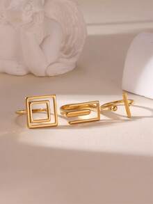 GEREIT 3pcs 18K Stainless Steel Geometric Asymmetric Open Ring Set, Suitable For Women's Daily Wear, Mother's Day Gift - Gold - View 2