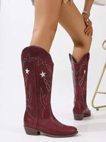 Women's Mid-Calf Western Style Boots With V-Cut Embroidered Printed Decor, Pointed Toe Chunky Heels, Over-The-Knee Cowboy Boots, Burgundy