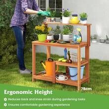 GOFLAME Garden Potting Bench Table With Storage, Outdoor Wood Planting Workstation With Open Shelves And Teak Oil Finish, Patio Horticulture Work Bench For Backyard - 橘色 - 查看 8