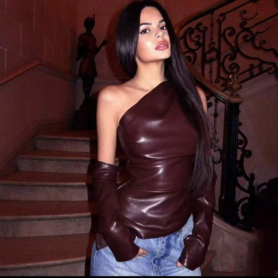 Women's Leather Blouse - màu nâu - Xem 1