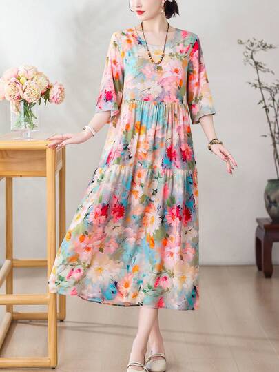 Abito midi da donna in stile boho con stampa floreale, maniche corte, scollo tondo, orlo arricciato, in tessuto lavorato, adatto per l'estate