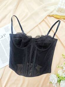 1pc Fashionable Cleavage Enhancing Lace Corset Top, Sexy Fitted Tube Top - Black - View 11