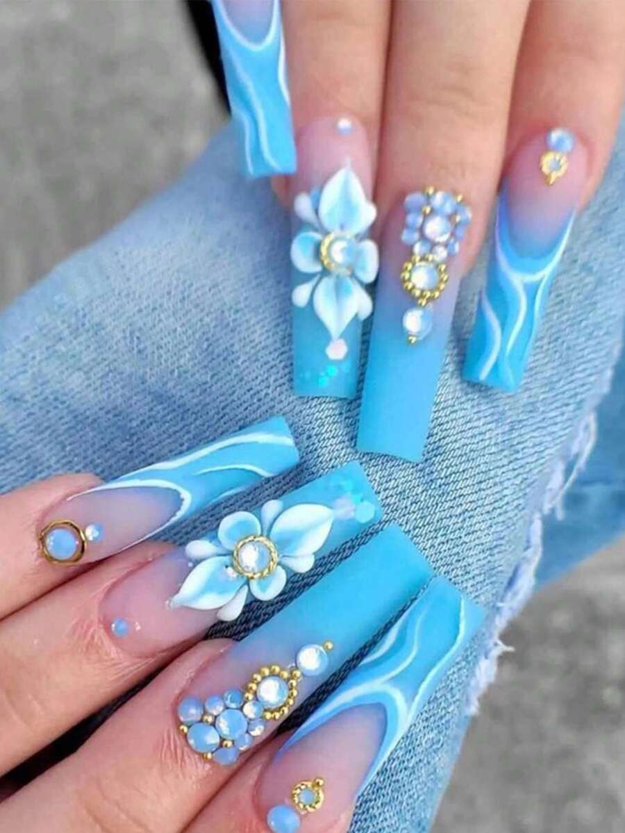 24 Stücke französisch blaue gefrostete Blumen mit Diamant Aufkleber Nagelbedarf und 1 Nagelfeile Streifen + 1 doppelseitiges Klebeband für Nägel - Blau - Übersicht 1