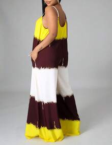 Wide Leg Jumpsuits For Women Sexy Deep V Spaghetti Strap Sleeveless Color Blocking Long Pants One Pieces Jumpsuit,Loose Striped Jumpsuit, Elegant Color Block With Camisole, Wide Tube Design, Casual Spring And Summer Set  Colorblock    Elegant  Casual    Pocket - 黃色 - 查看 3