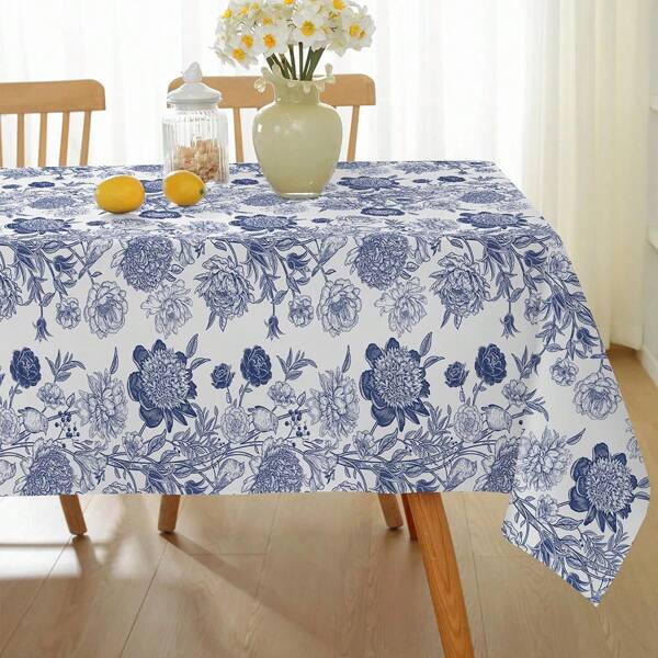 1 Peça Toalha de Mesa Floral Vintage Azul e Branca, Toalha de Mesa Decorativa Lavável com Padrão de Flor Azul e Pássaro de Porcelana, Adequada para Sala de Estar, Cozinha, Sala de Jantar, Festa, Piquenique e Decoração de Jantar em Casa